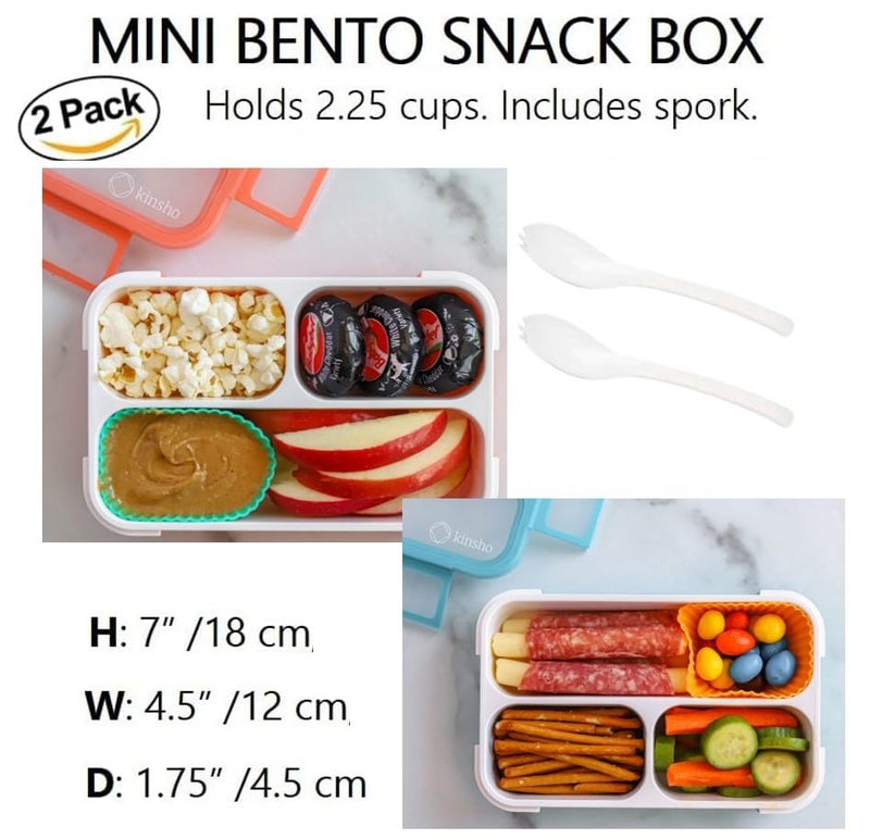 Kinsho Snack Containers - MINI Bento Box, Small Lunch Boxes for Kids Toddlers Boys Girls, Leakproof 3 Compartment Containers for Meal or Snacks, Day-Care Pre-School Travel, BPA Free, 2 Pack Set Coral Blue - Image 2